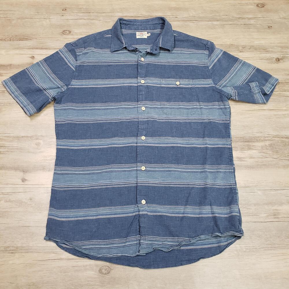 Faherty Shirt Mens Medium Blue Stripe Short Sleeve Button Up Hemp Lyocell Casual